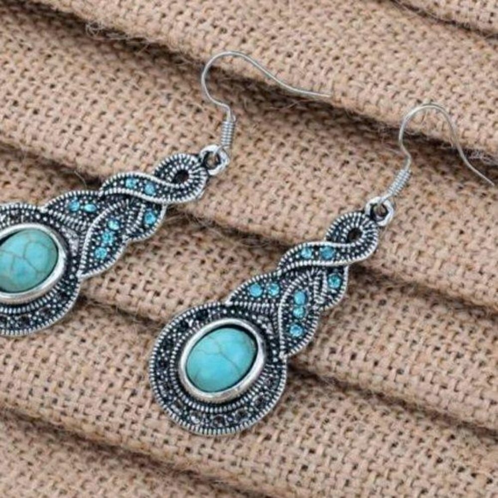 Antiqued Silver and Turquoise Crystal Dangle Earrings